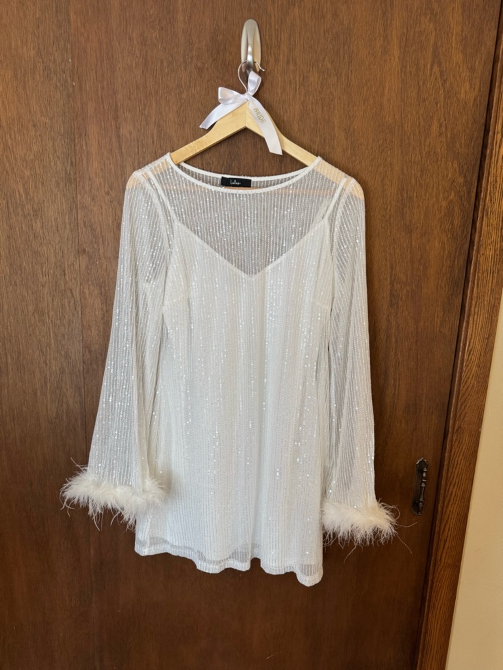 Lulu's White Sequin Mini Dress with Feather Cuffs